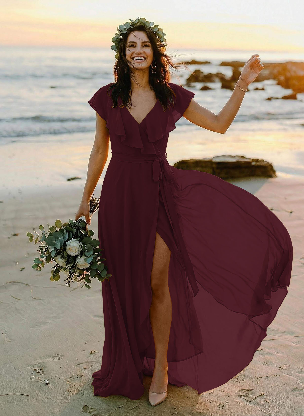A-Line V-Neck Sleeveless Chiffon Asymmetrical Bridesmaid Dresses With Bow(s), product image 27