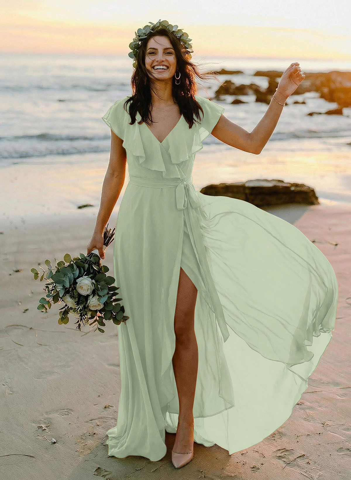 A-Line V-Neck Sleeveless Chiffon Asymmetrical Bridesmaid Dresses With Bow(s), product image 89