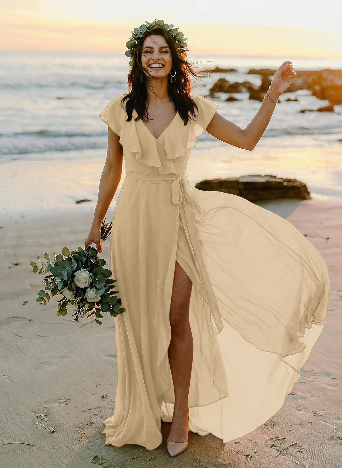 A-Line V-Neck Sleeveless Chiffon Asymmetrical Bridesmaid Dresses With Bow(s), product image 97