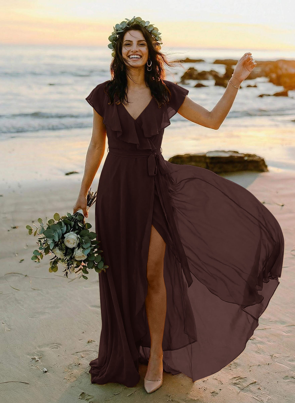 A-Line V-Neck Sleeveless Chiffon Asymmetrical Bridesmaid Dresses With Bow(s), product image 109