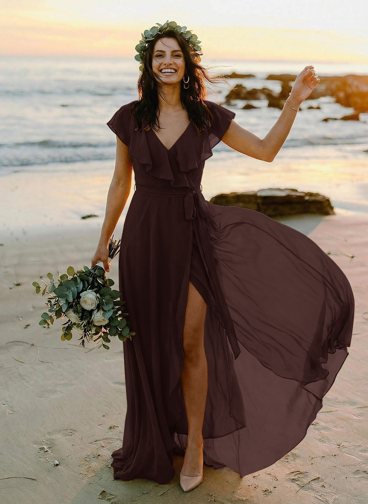 A-Line V-Neck Sleeveless Chiffon Asymmetrical Bridesmaid Dresses With Bow(s), product image 109