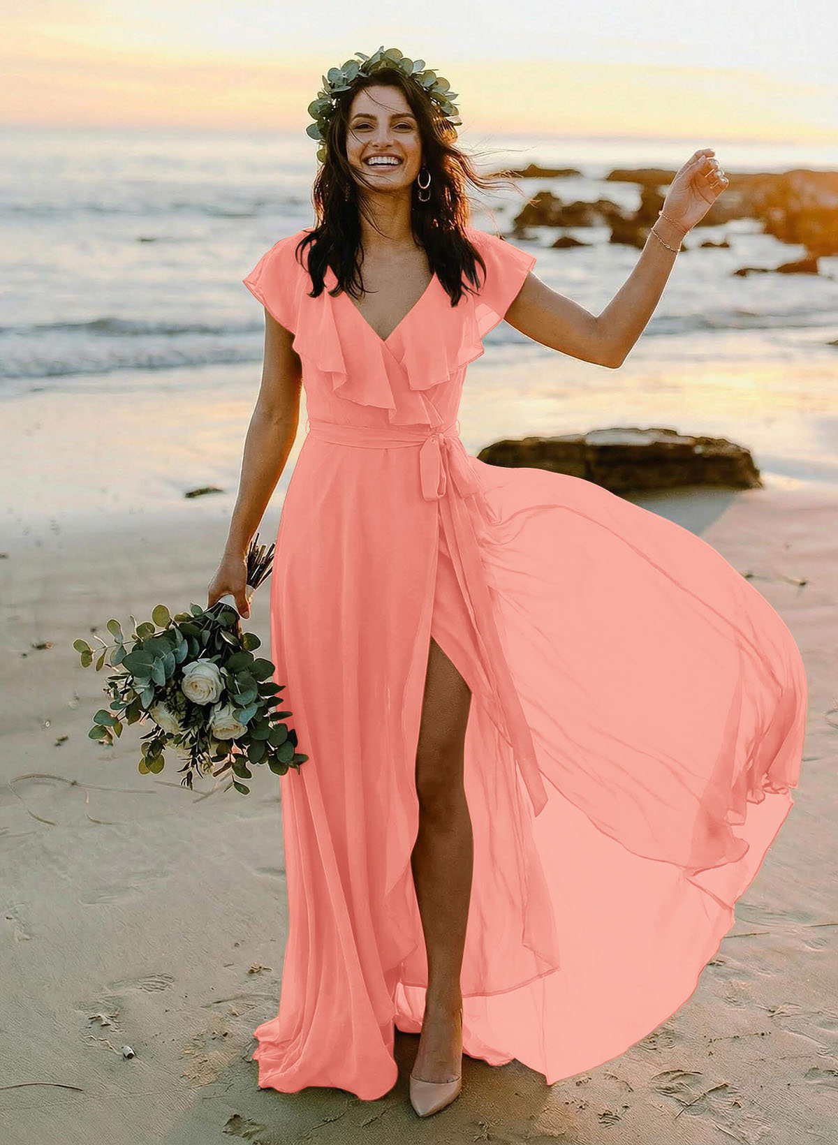 A-Line V-Neck Sleeveless Chiffon Asymmetrical Bridesmaid Dresses With Bow(s), product image 49