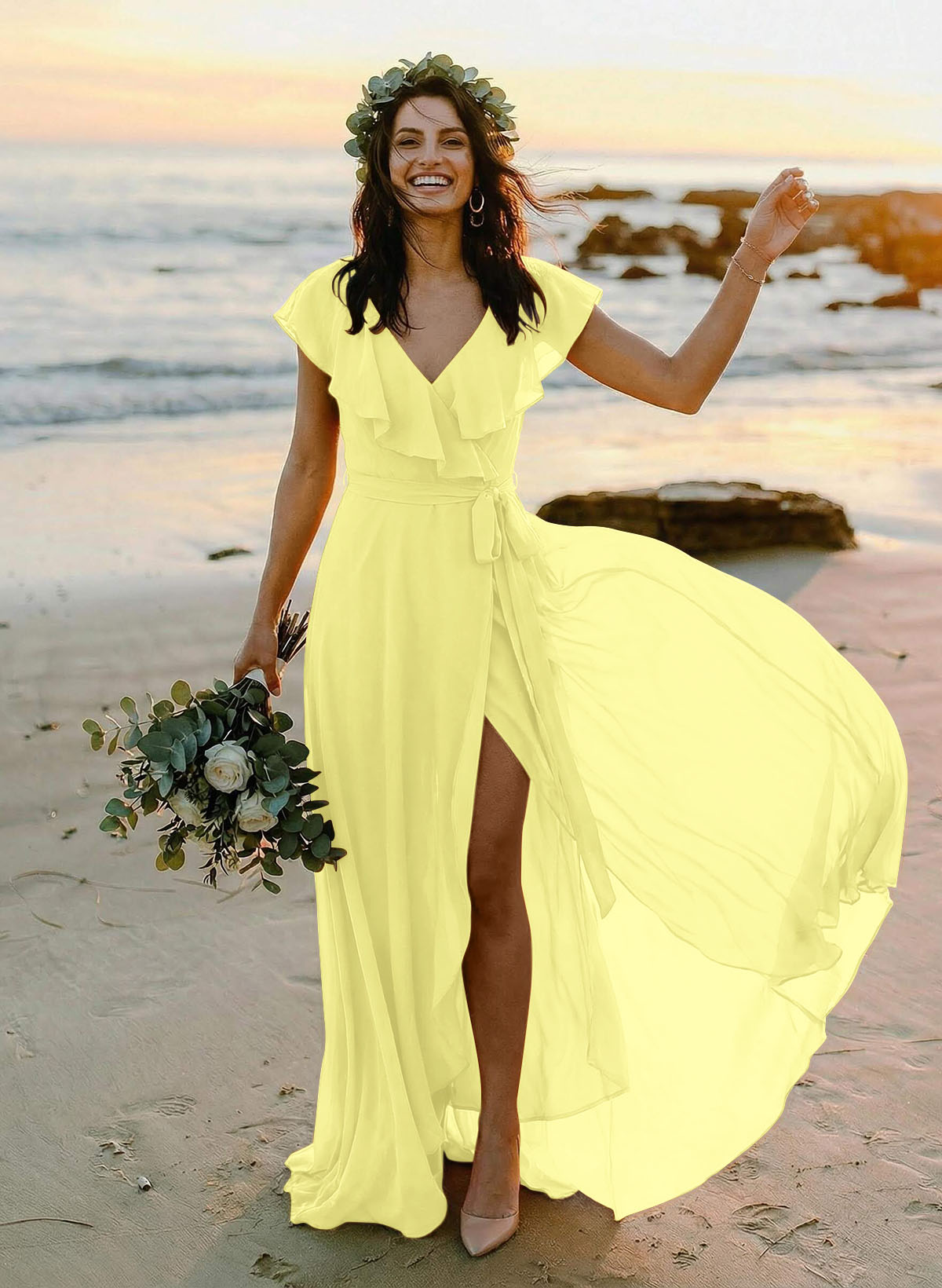 A-Line V-Neck Sleeveless Chiffon Asymmetrical Bridesmaid Dresses With Bow(s), product image 101