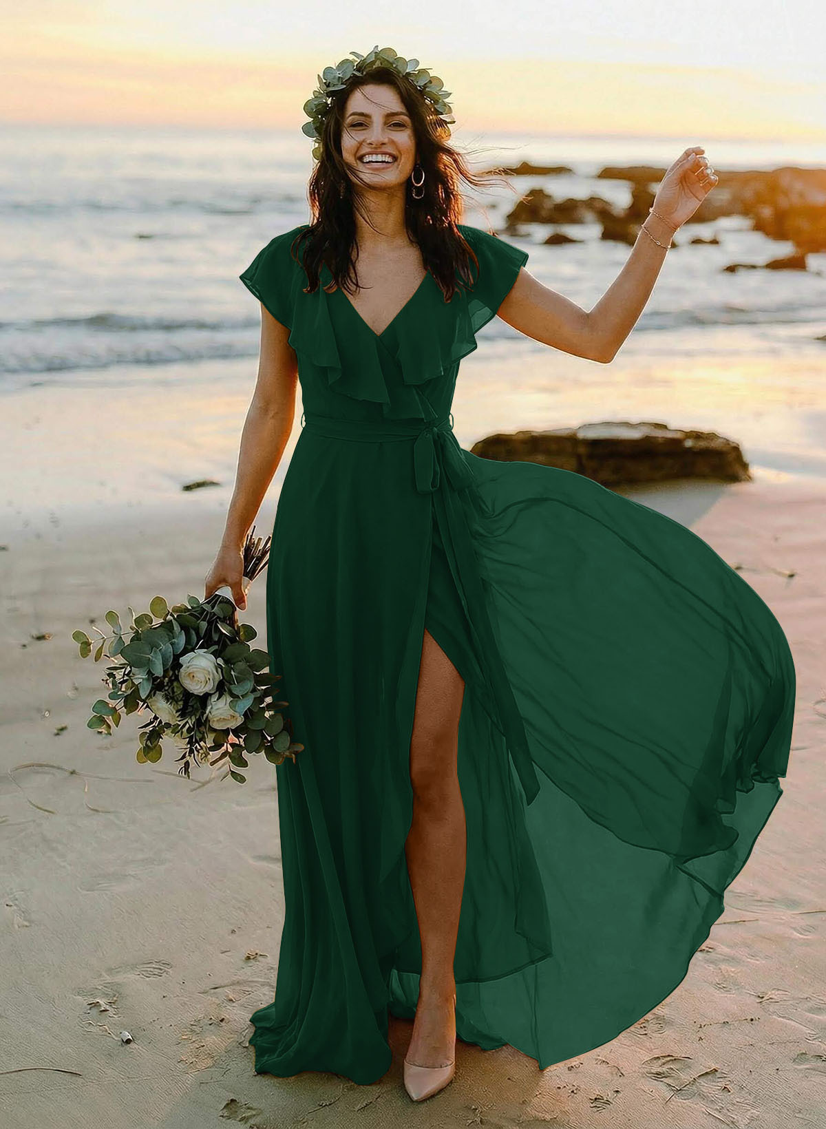 A-Line V-Neck Sleeveless Chiffon Asymmetrical Bridesmaid Dresses With Bow(s), product image 81