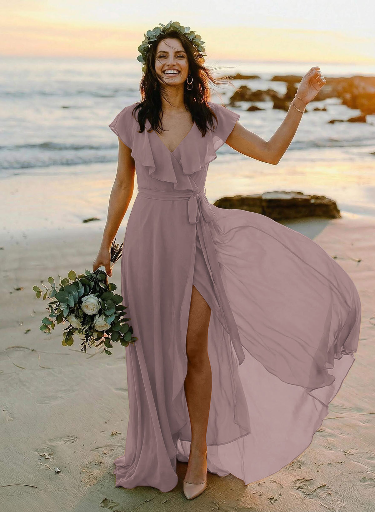 A-Line V-Neck Sleeveless Chiffon Asymmetrical Bridesmaid Dresses With Bow(s), product image 55