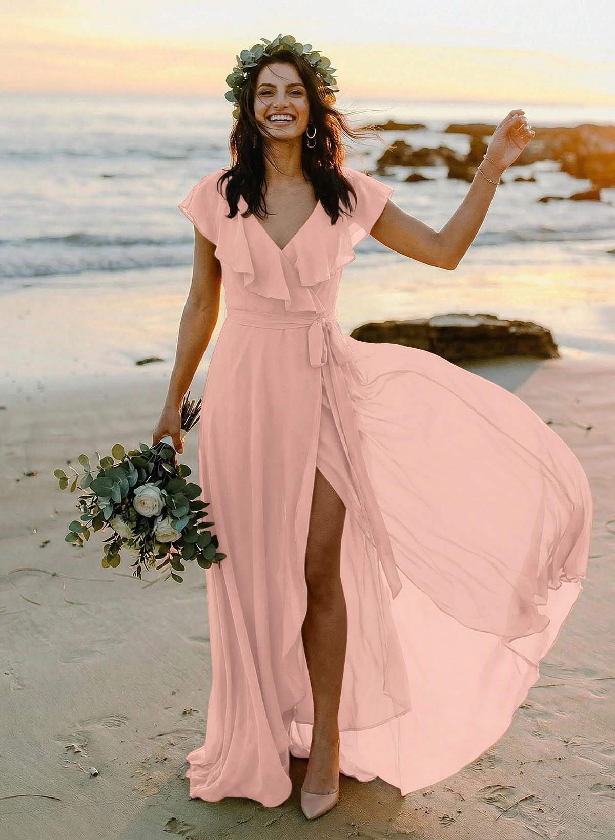 A-Line V-Neck Sleeveless Chiffon Asymmetrical Bridesmaid Dresses With Bow(s), product image 41