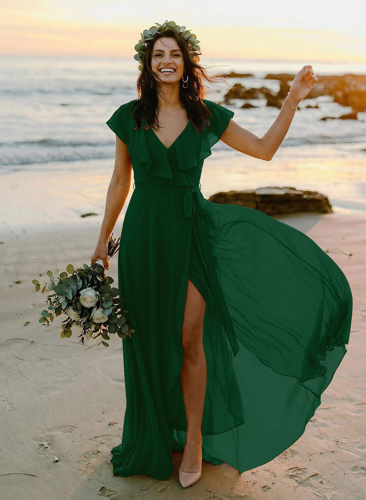 A-Line V-Neck Sleeveless Chiffon Asymmetrical Bridesmaid Dresses With Bow(s), product image 131