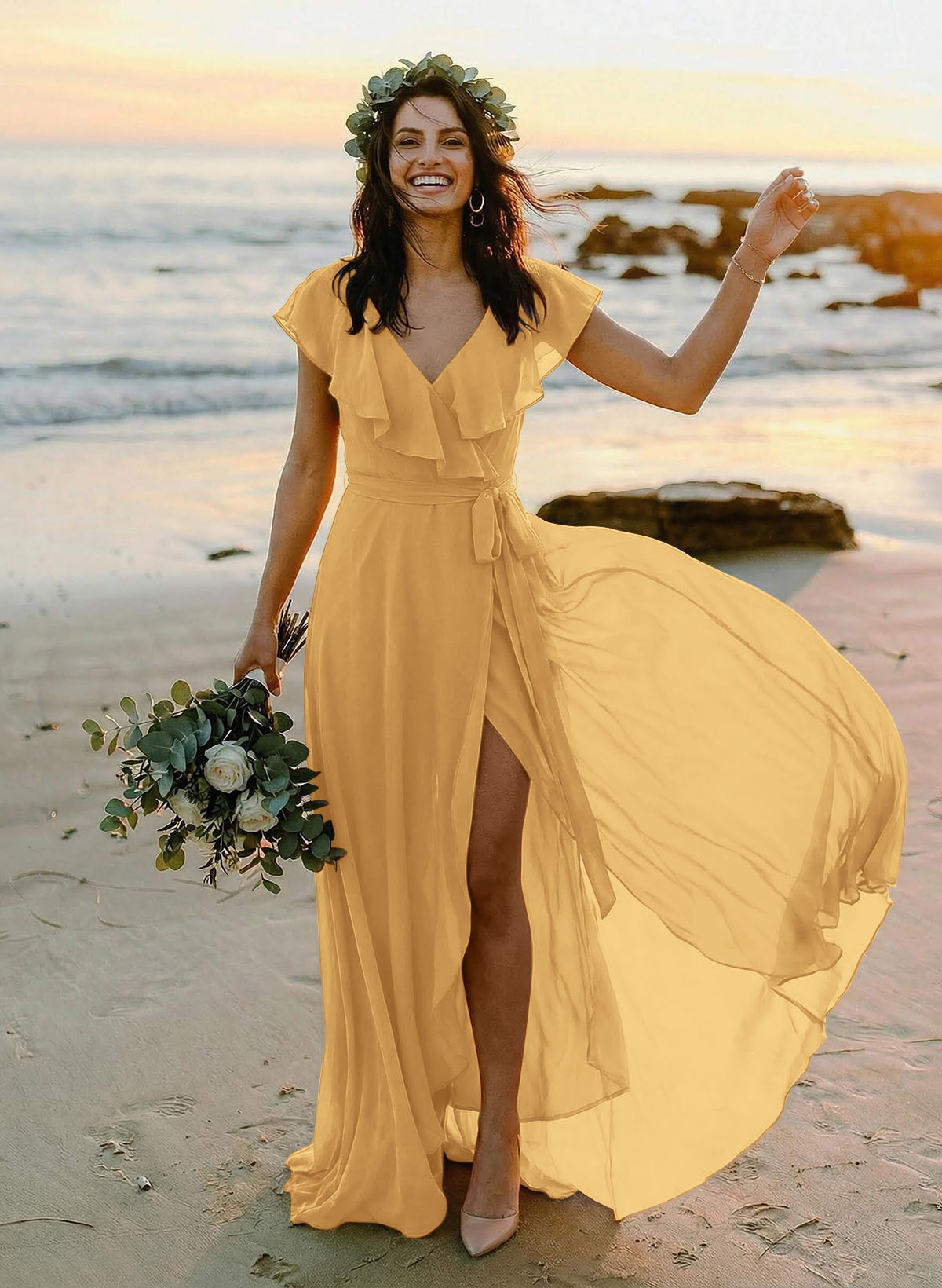 A-Line V-Neck Sleeveless Chiffon Asymmetrical Bridesmaid Dresses With Bow(s), product image 103