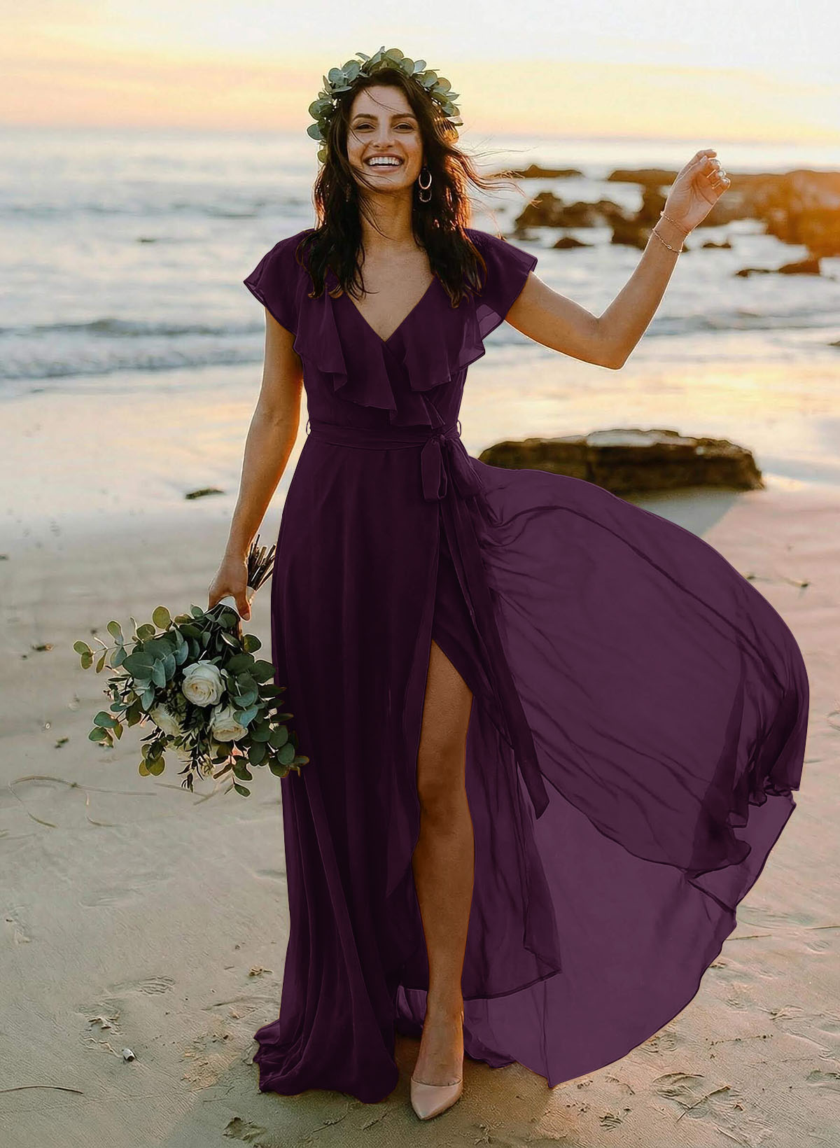 A-Line V-Neck Sleeveless Chiffon Asymmetrical Bridesmaid Dresses With Bow(s), product image 71