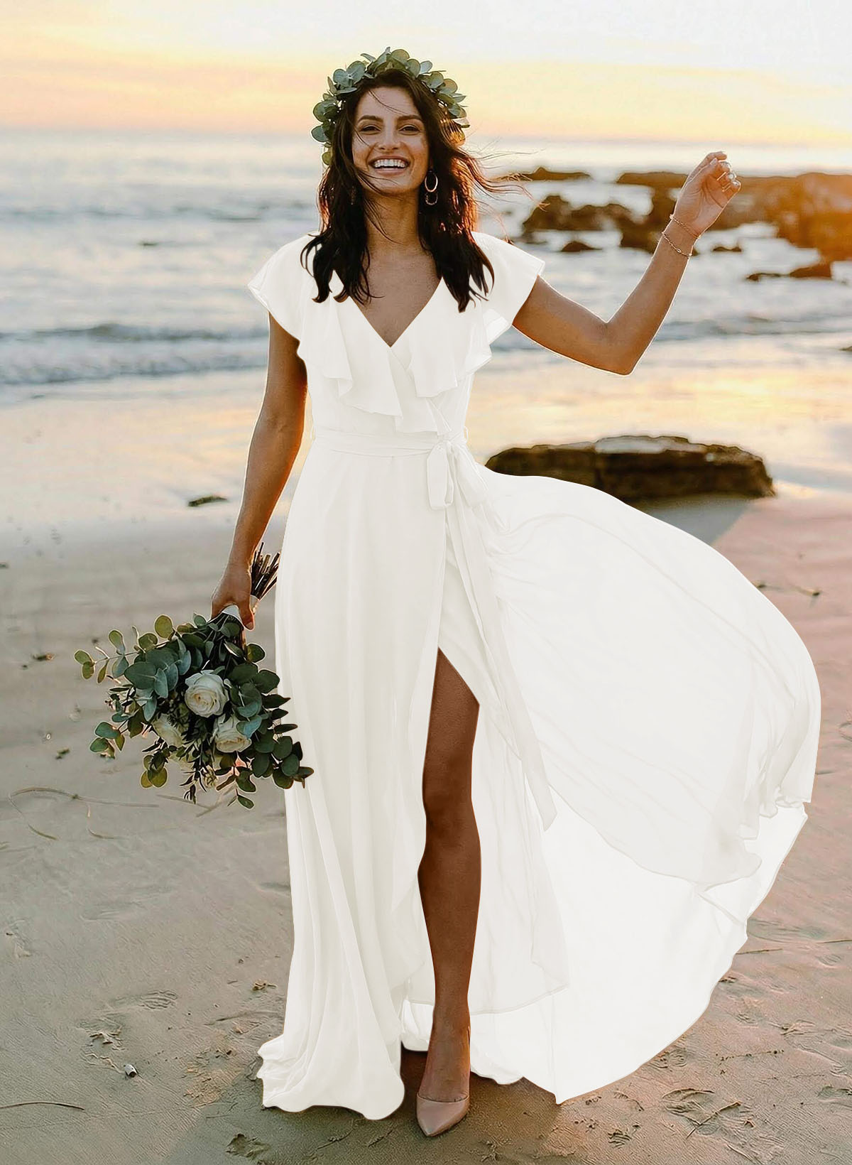 A-Line V-Neck Sleeveless Chiffon Asymmetrical Bridesmaid Dresses With Bow(s), product image 111