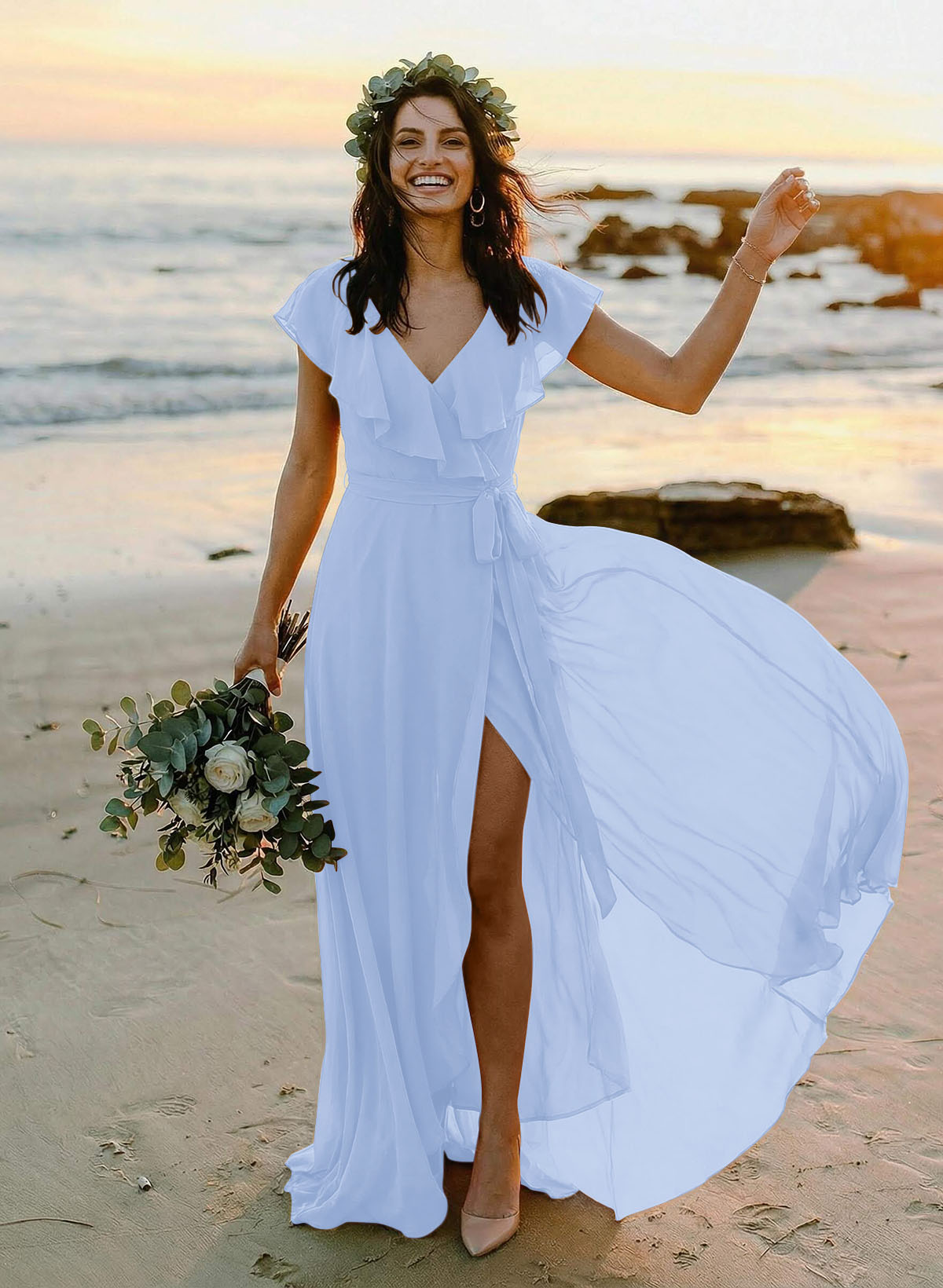 A-Line V-Neck Sleeveless Chiffon Asymmetrical Bridesmaid Dresses With Bow(s), product image 65