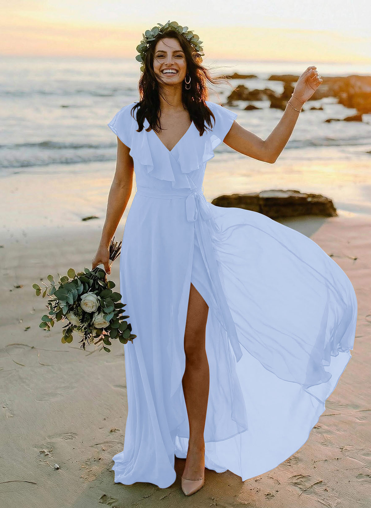 A-Line V-Neck Sleeveless Chiffon Asymmetrical Bridesmaid Dresses With Bow(s), product image 65
