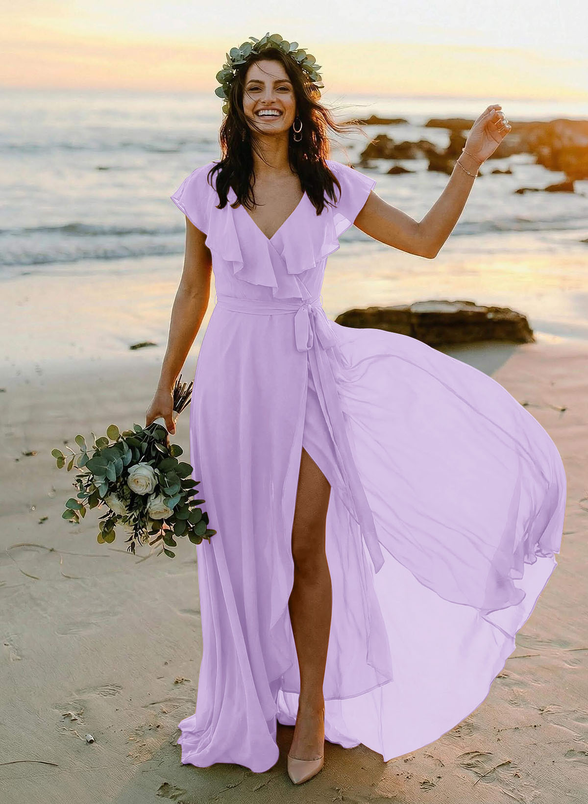 A-Line V-Neck Sleeveless Chiffon Asymmetrical Bridesmaid Dresses With Bow(s), product image 63