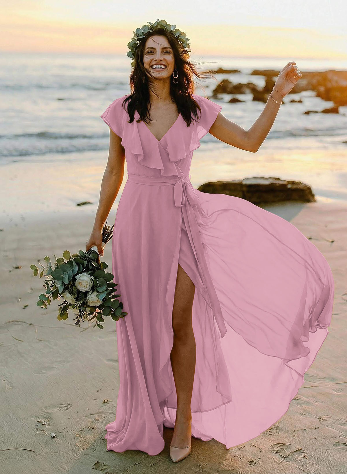 A-Line V-Neck Sleeveless Chiffon Asymmetrical Bridesmaid Dresses With Bow(s), product image 61