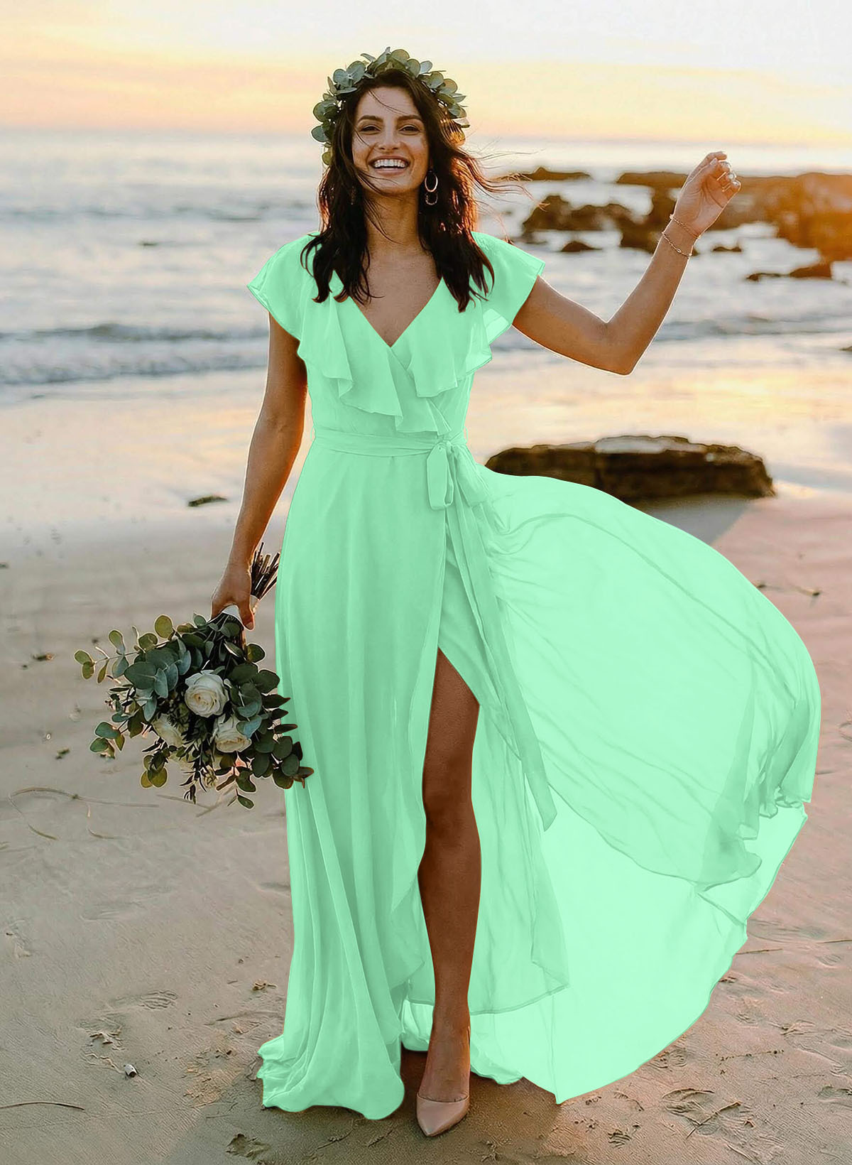 A-Line V-Neck Sleeveless Chiffon Asymmetrical Bridesmaid Dresses With Bow(s), product image 93