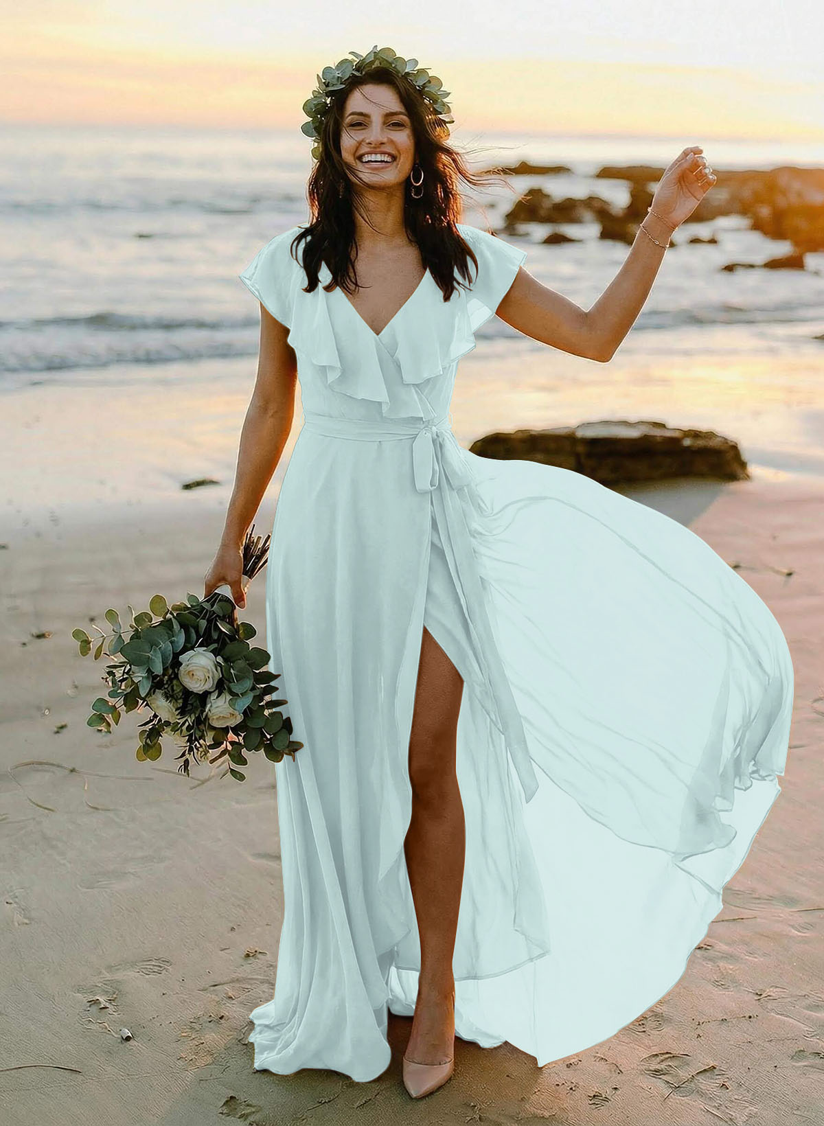 A-Line V-Neck Sleeveless Chiffon Asymmetrical Bridesmaid Dresses With Bow(s), product image 25