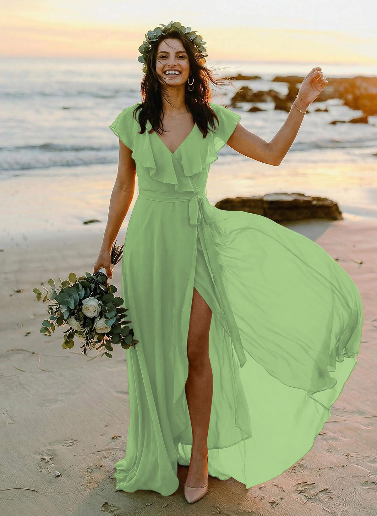 A-Line V-Neck Sleeveless Chiffon Asymmetrical Bridesmaid Dresses With Bow(s), product image 133