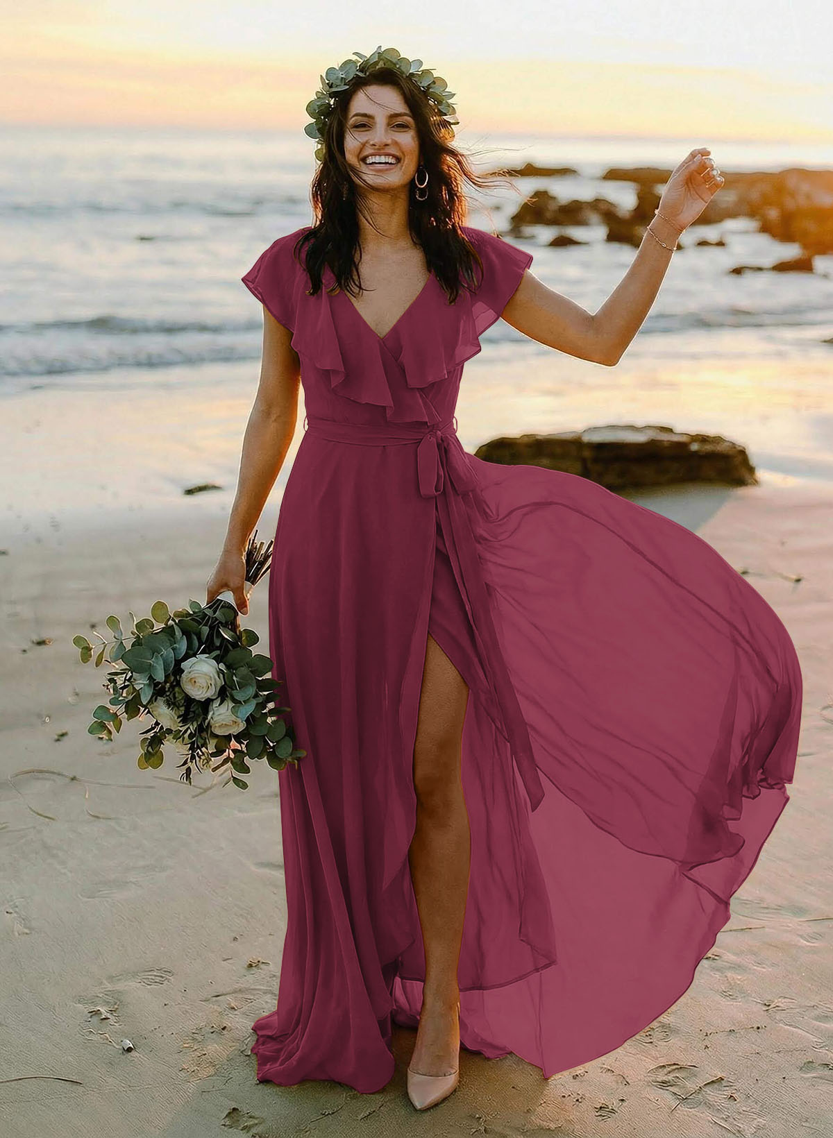 A-Line V-Neck Sleeveless Chiffon Asymmetrical Bridesmaid Dresses With Bow(s), product image 33