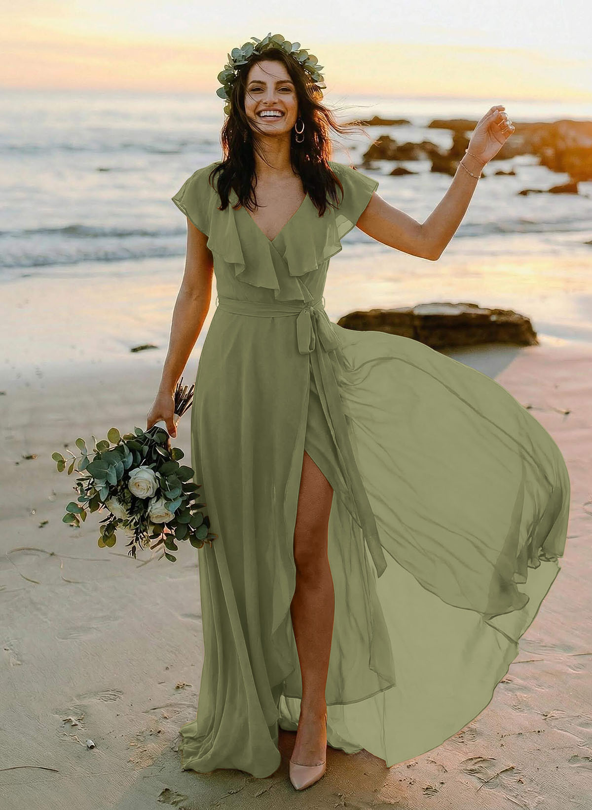 A-Line V-Neck Sleeveless Chiffon Asymmetrical Bridesmaid Dresses With Bow(s), product image 121