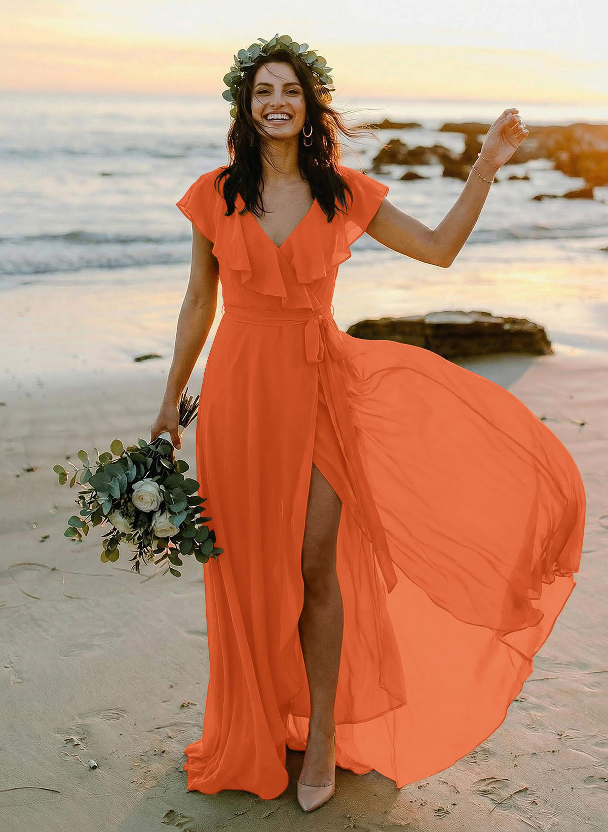A-Line V-Neck Sleeveless Chiffon Asymmetrical Bridesmaid Dresses With Bow(s), product image 105
