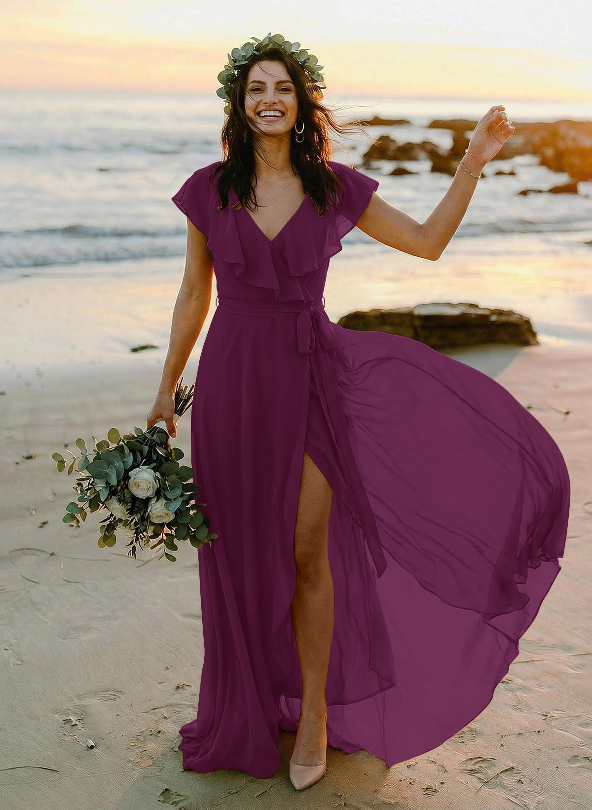 A-Line V-Neck Sleeveless Chiffon Asymmetrical Bridesmaid Dresses With Bow(s), product image 73