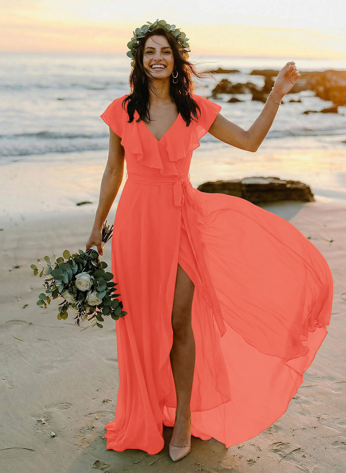 A-Line V-Neck Sleeveless Chiffon Asymmetrical Bridesmaid Dresses With Bow(s), product image 107