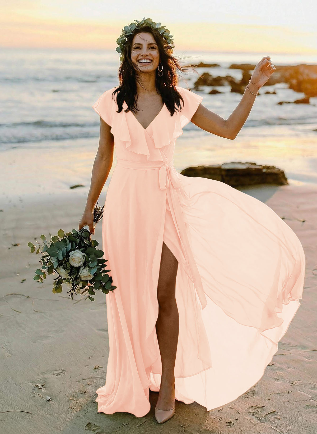 A-Line V-Neck Sleeveless Chiffon Asymmetrical Bridesmaid Dresses With Bow(s), product image 43