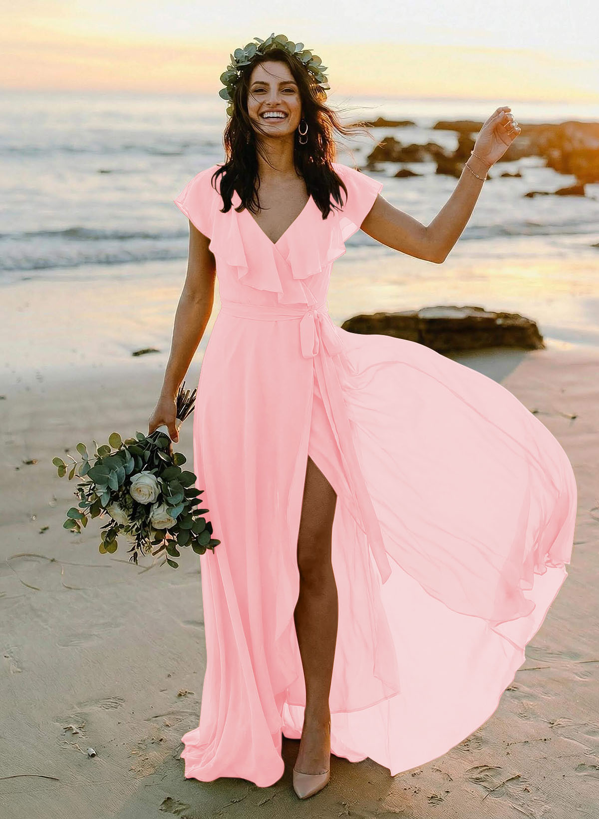 A-Line V-Neck Sleeveless Chiffon Asymmetrical Bridesmaid Dresses With Bow(s), product image 47