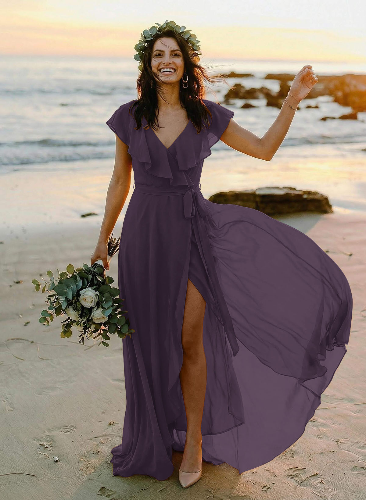 A-Line V-Neck Sleeveless Chiffon Asymmetrical Bridesmaid Dresses With Bow(s), product image 69