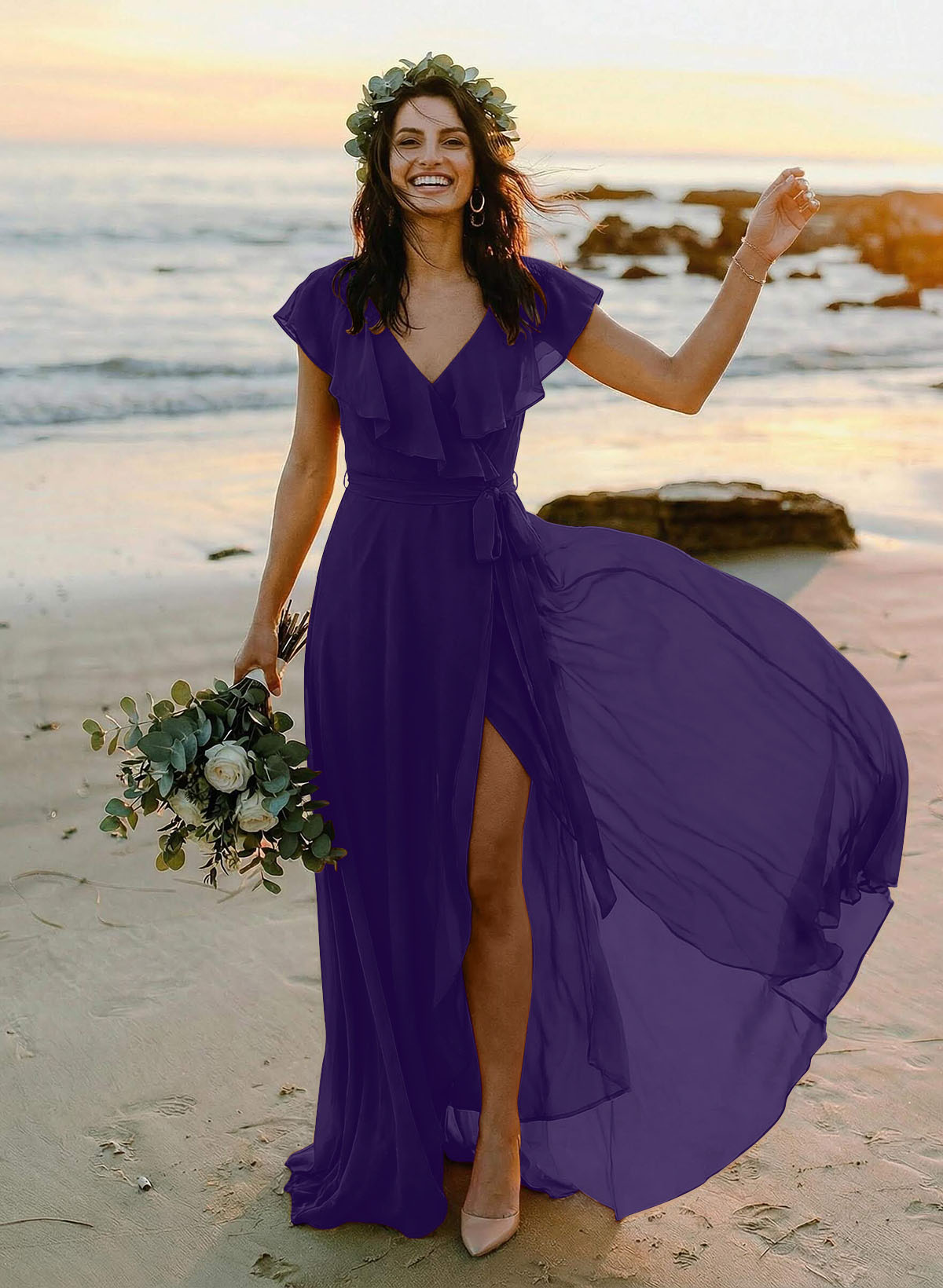 A-Line V-Neck Sleeveless Chiffon Asymmetrical Bridesmaid Dresses With Bow(s), product image 79