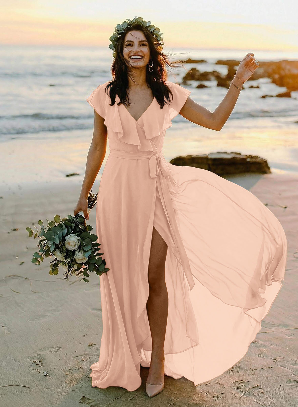 A-Line V-Neck Sleeveless Chiffon Asymmetrical Bridesmaid Dresses With Bow(s), product image 127
