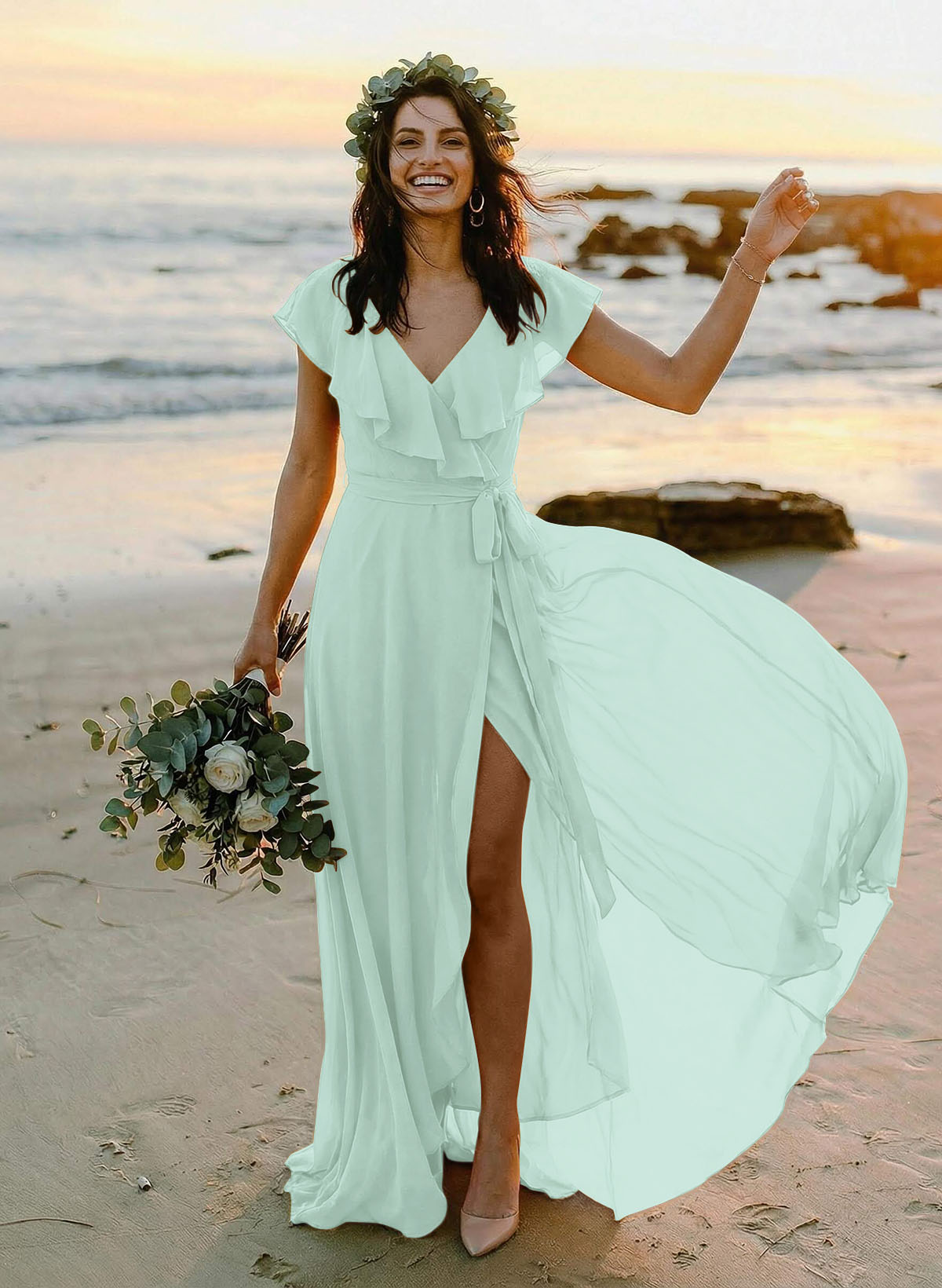 A-Line V-Neck Sleeveless Chiffon Asymmetrical Bridesmaid Dresses With Bow(s), product image 91