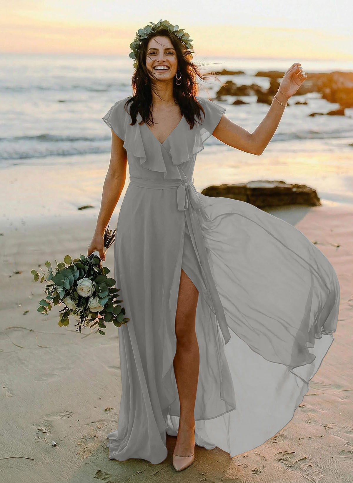 A-Line V-Neck Sleeveless Chiffon Asymmetrical Bridesmaid Dresses With Bow(s), product image 115