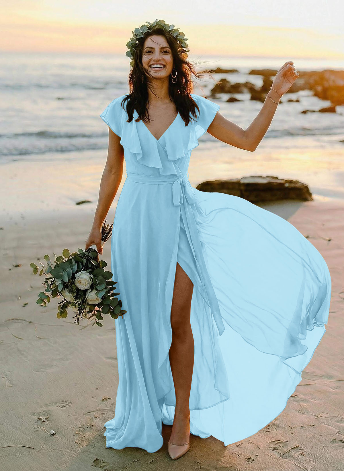 A-Line V-Neck Sleeveless Chiffon Asymmetrical Bridesmaid Dresses With Bow(s), product image 23