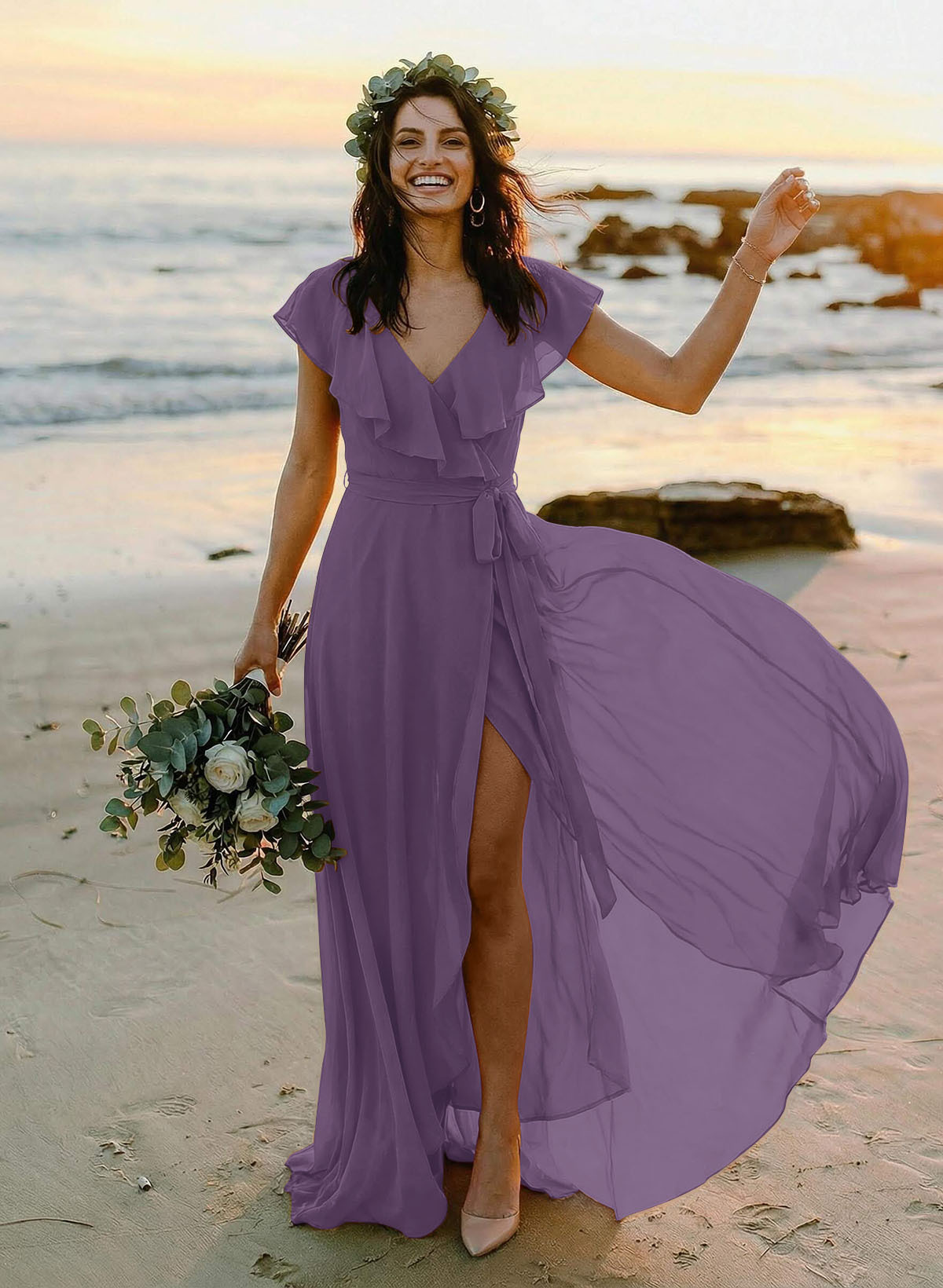 A-Line V-Neck Sleeveless Chiffon Asymmetrical Bridesmaid Dresses With Bow(s), product image 67