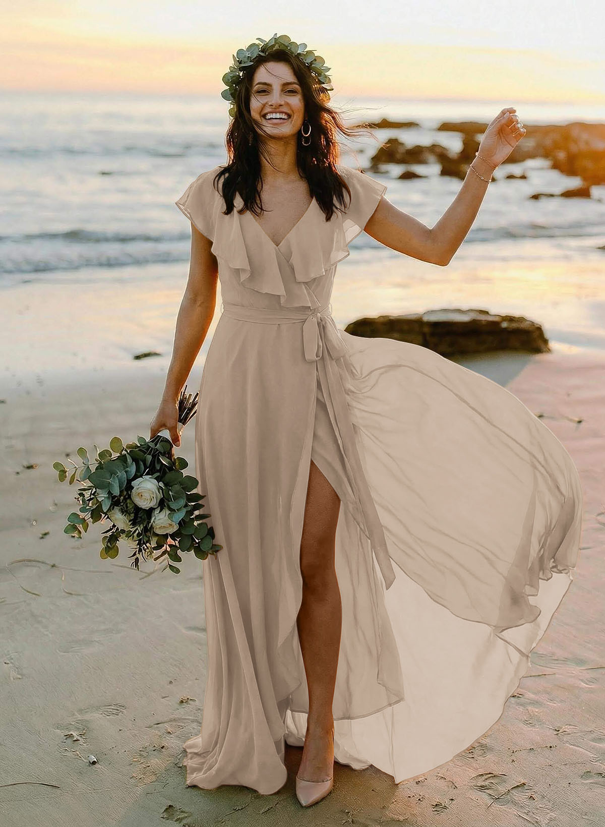A-Line V-Neck Sleeveless Chiffon Asymmetrical Bridesmaid Dresses With Bow(s), product image 99