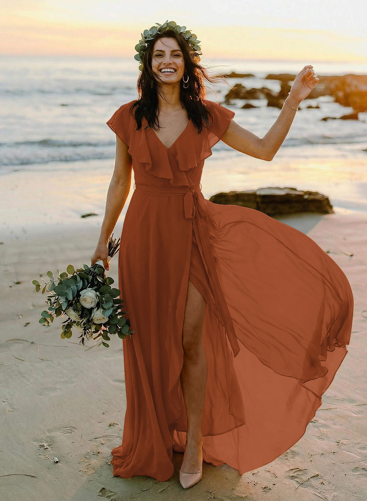 A-Line V-Neck Sleeveless Chiffon Asymmetrical Bridesmaid Dresses With Bow(s), product image 135