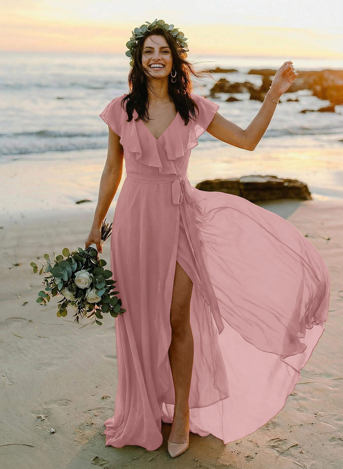 A-Line V-Neck Sleeveless Chiffon Asymmetrical Bridesmaid Dresses With Bow(s), product image 59