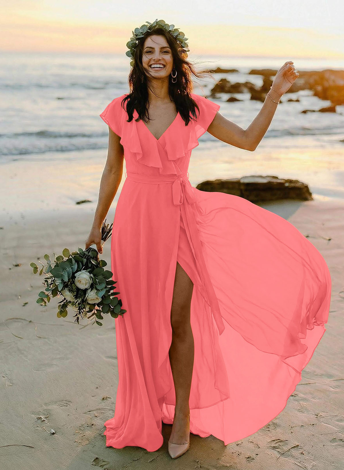A-Line V-Neck Sleeveless Chiffon Asymmetrical Bridesmaid Dresses With Bow(s), product image 39