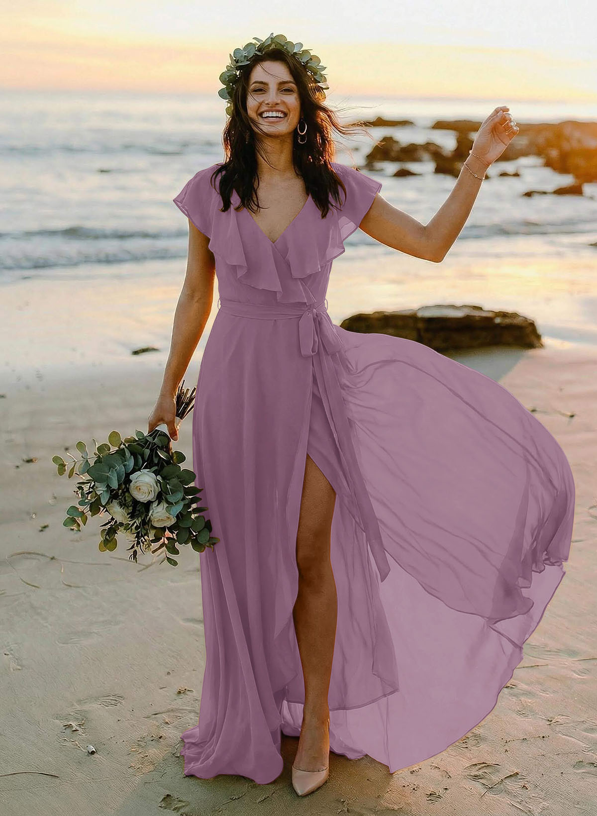 A-Line V-Neck Sleeveless Chiffon Asymmetrical Bridesmaid Dresses With Bow(s), product image 57