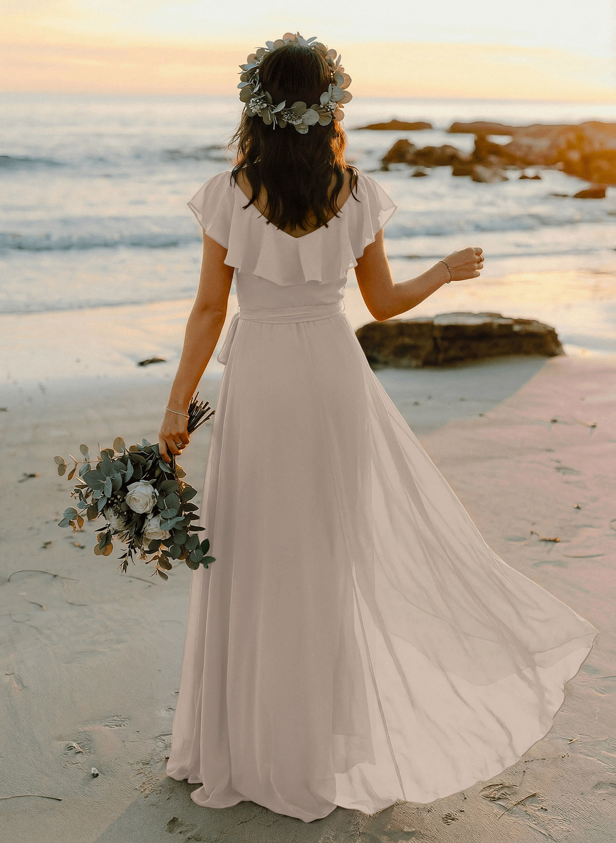 A-Line V-Neck Sleeveless Chiffon Asymmetrical Bridesmaid Dresses With Bow(s), product image 124