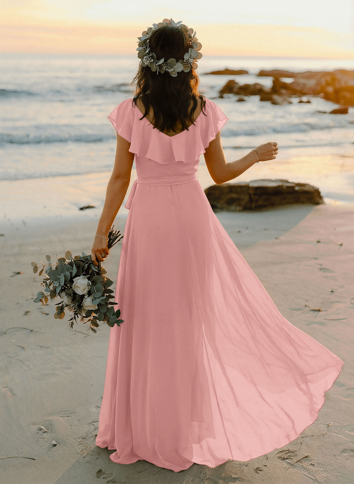 A-Line V-Neck Sleeveless Chiffon Asymmetrical Bridesmaid Dresses With Bow(s), product image 46