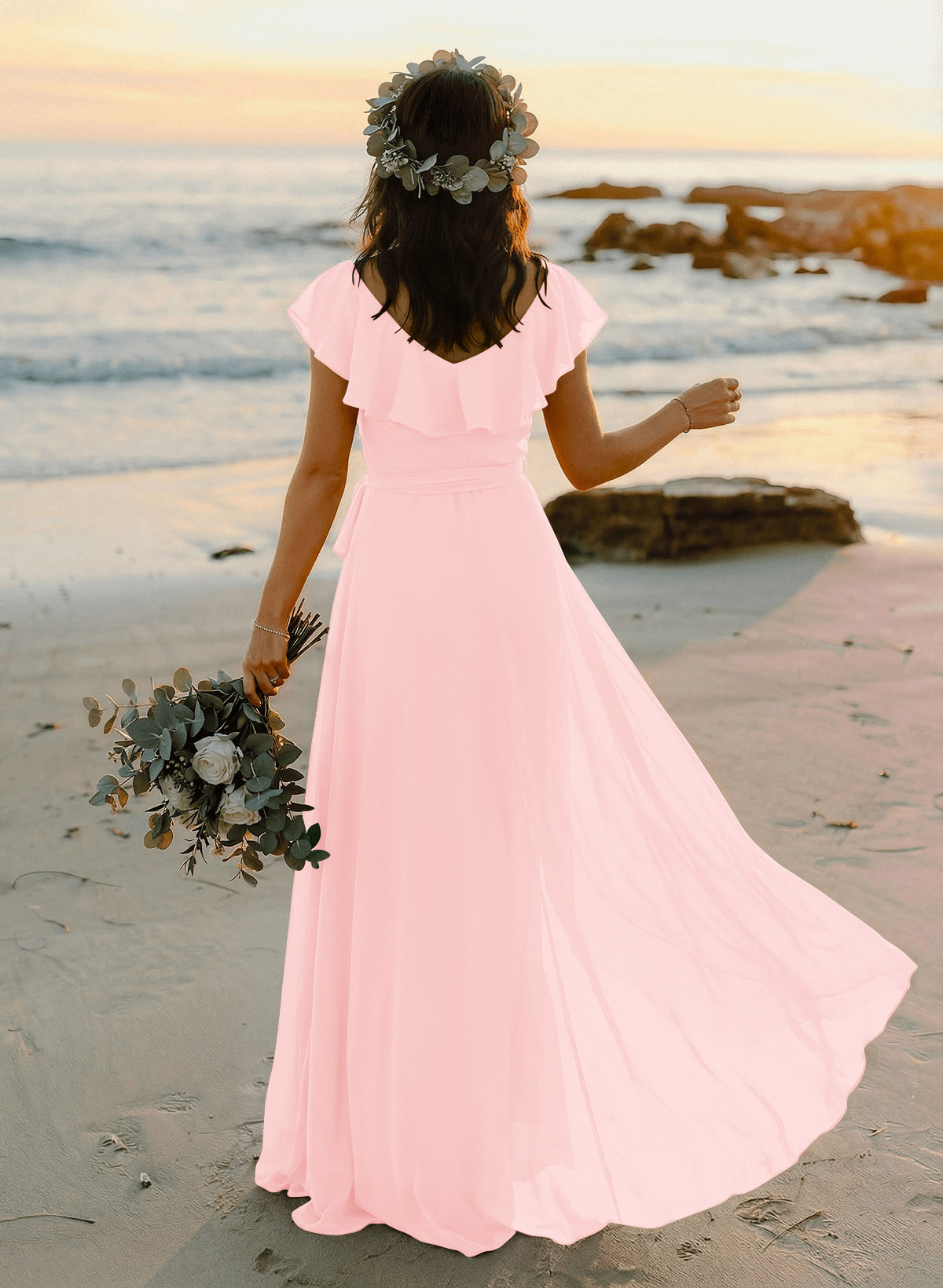 A-Line V-Neck Sleeveless Chiffon Asymmetrical Bridesmaid Dresses With Bow(s), product image 52