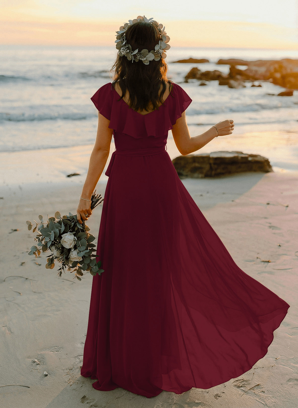 A-Line V-Neck Sleeveless Chiffon Asymmetrical Bridesmaid Dresses With Bow(s), product image 30