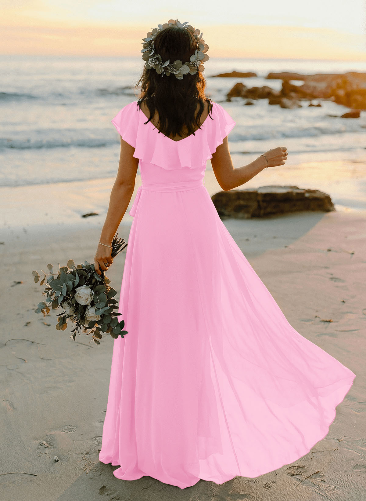 A-Line V-Neck Sleeveless Chiffon Asymmetrical Bridesmaid Dresses With Bow(s), product image 54