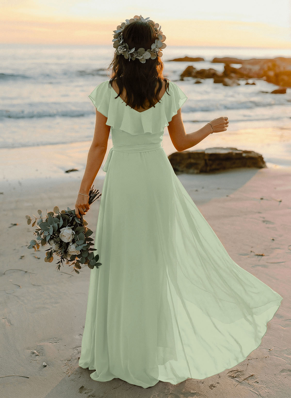 A-Line V-Neck Sleeveless Chiffon Asymmetrical Bridesmaid Dresses With Bow(s), product image 90