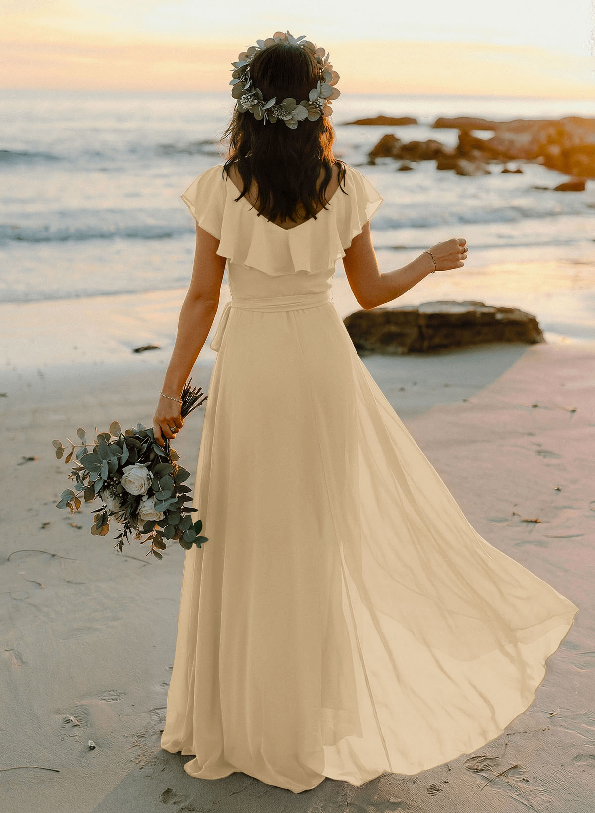 A-Line V-Neck Sleeveless Chiffon Asymmetrical Bridesmaid Dresses With Bow(s), product image 98