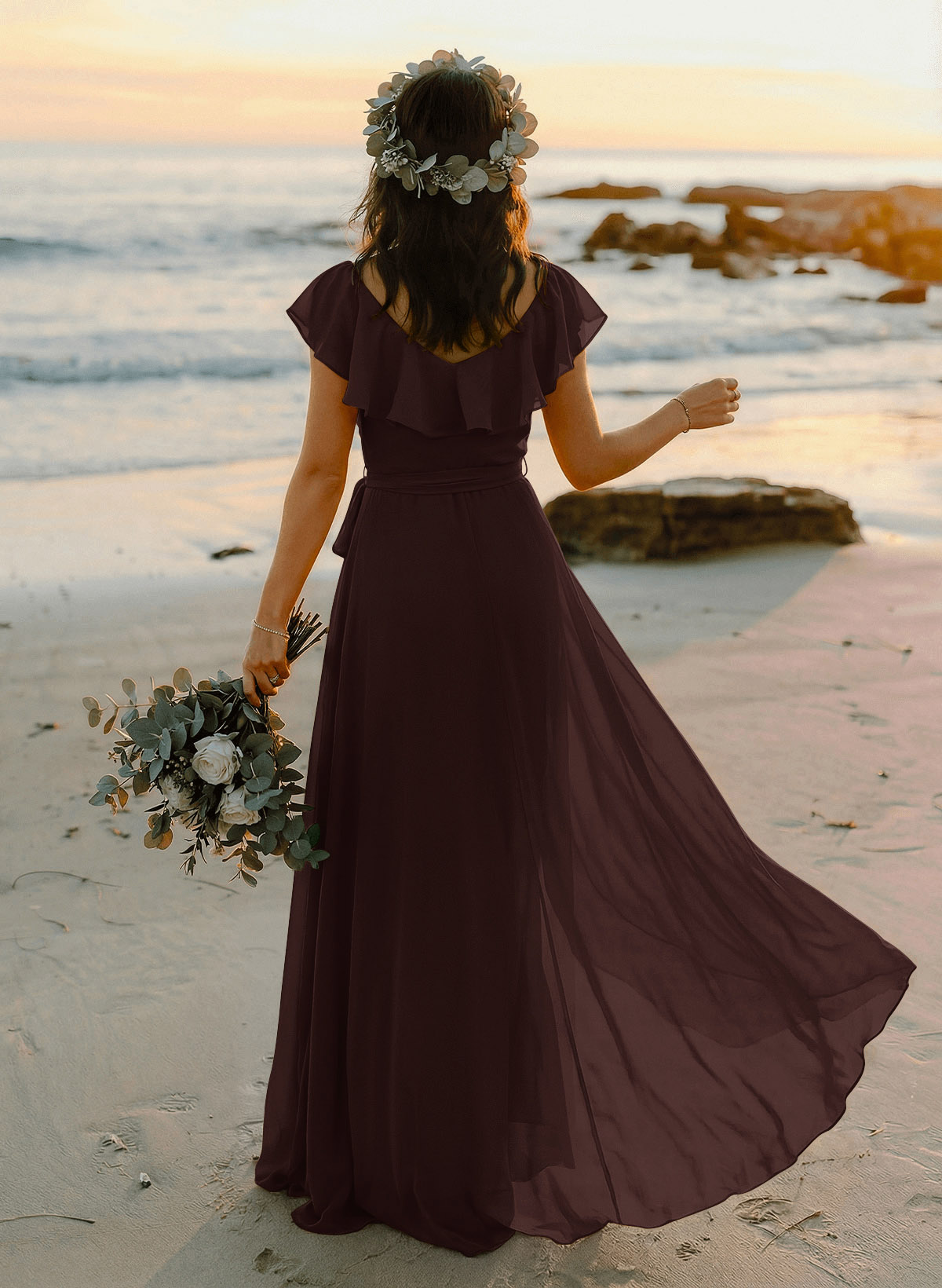 A-Line V-Neck Sleeveless Chiffon Asymmetrical Bridesmaid Dresses With Bow(s), product image 110