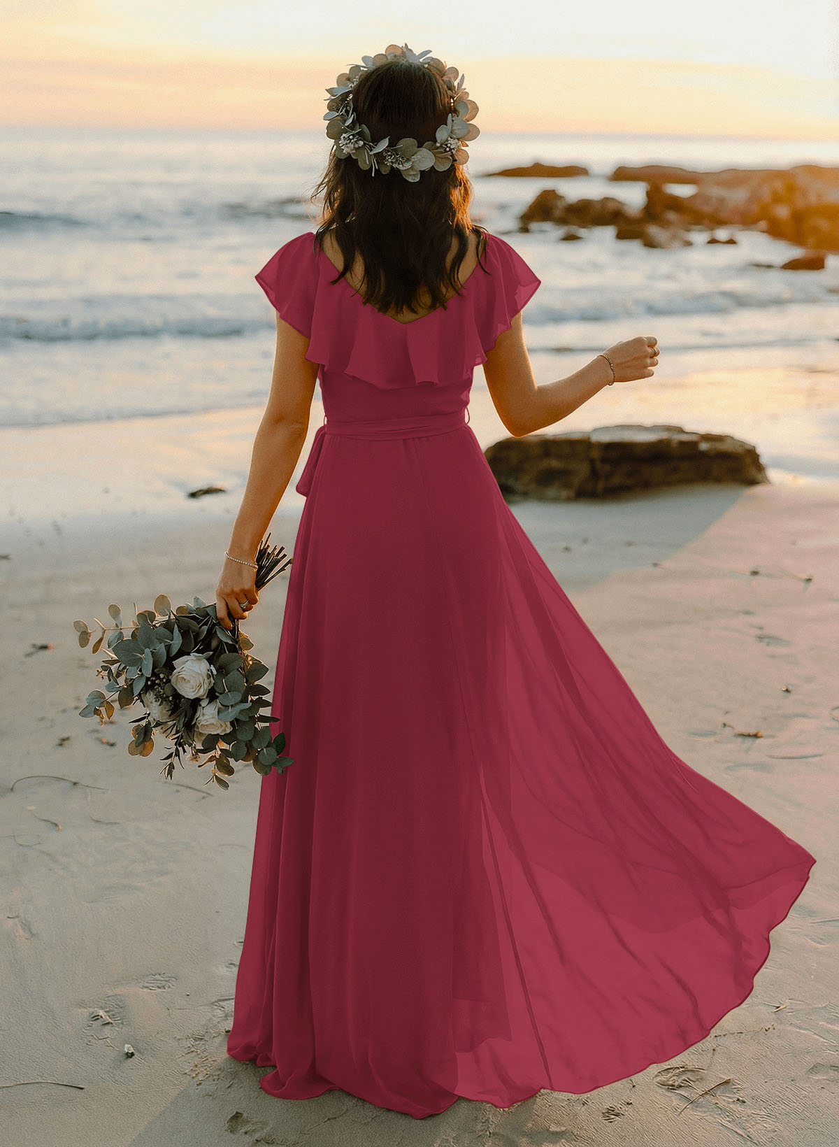A-Line V-Neck Sleeveless Chiffon Asymmetrical Bridesmaid Dresses With Bow(s), product image 32