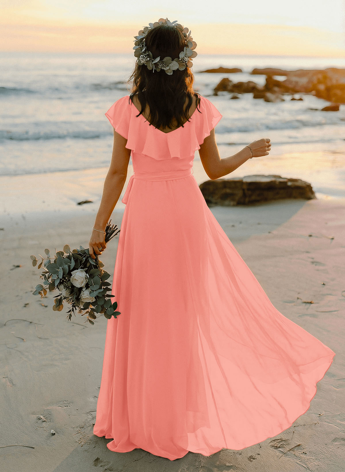 A-Line V-Neck Sleeveless Chiffon Asymmetrical Bridesmaid Dresses With Bow(s), product image 50